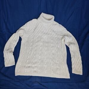 Jeane Pierre Women's L Ivory Cable Knit Fisherman Turtleneck Sweater 100% Cotton
